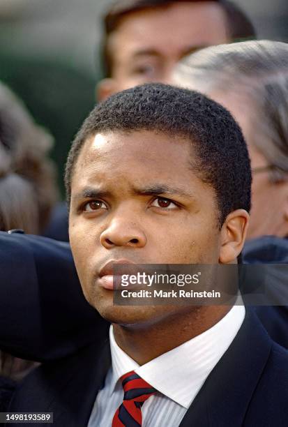 Jesse Jackson Jr. Standing outside the White House West Wing driveway during a joint news conference between President-Elect George H.W. Bush and...