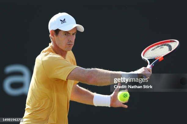 Andy Murray of Great Britain plays a backhand in the Men's Singles Round of 32 match against Joris De Loore of Belgium during Day Two of the Rothesay...