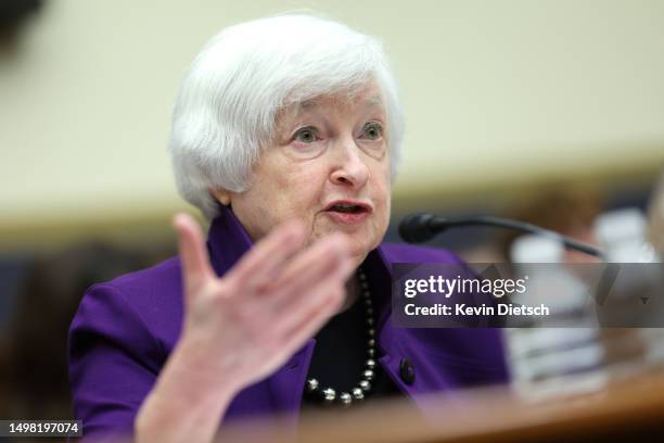 Treasury Secretary Janet Yellen testifies before the House Financial Services Committee at the Rayburn House Office Building on June 13, 2023 in...