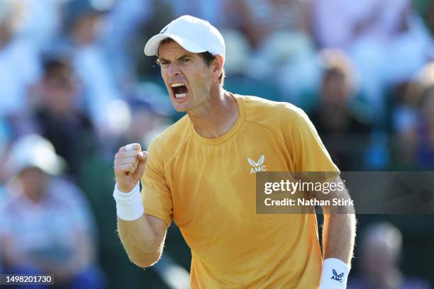 Andy Murray of Great Britain celebrates in the Men's Singles Round of 32 match against Joris De Loore of Belgium during Day Two of the Rothesay Open...