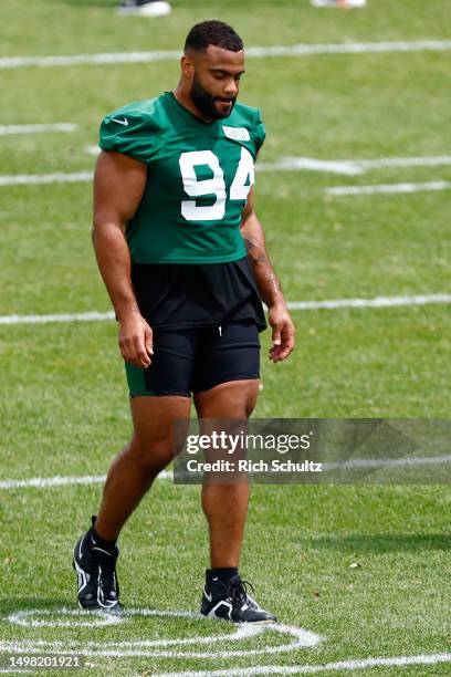 Solomon Thomas of the New York Jets during the teams OTAs at Atlantic Health Jets Training Center on June 9, 2023 in Florham Park, New Jersey.