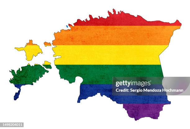 map of estonia with a pride flag with a grunge texture, rainbow flag, lgbtqia, lgbtq - estonia map stock pictures, royalty-free photos & images