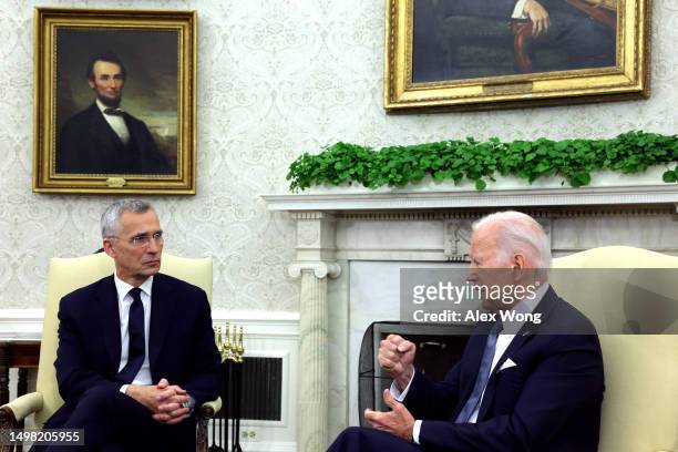 President Joe Biden meets with Secretary General of the North Atlantic Treaty Organization Jens Stoltenberg in the Oval Office of the White House on...