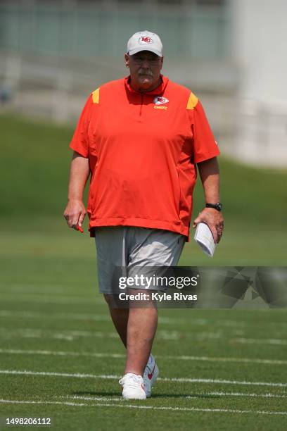 Head coach Andy Reid of the Kansas City Chiefs runs players through drills during Chiefs Mini Camp on June 13, 2023 at Arrowhead Stadium in Kansas...