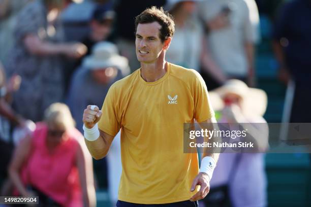 Andy Murray of Great Britain celebrates victory after winning the Men's Singles Round of 32 match against Joris De Loore of Belgium during Day Two of...