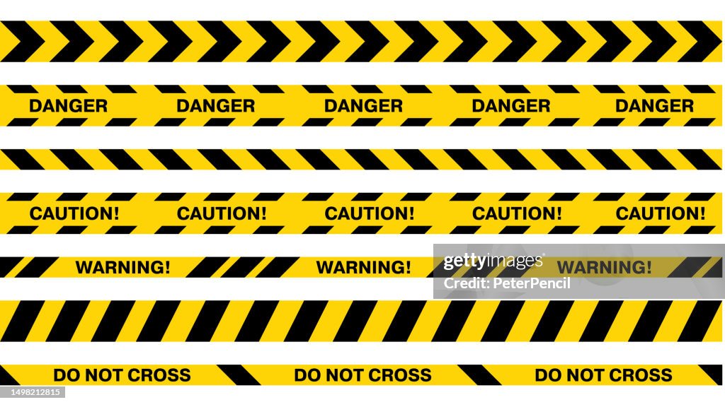 Conjunto de cintas de precaución de seguridad. Cintas amarillas de advertencia. Rayas abstractas para policía, accidente, en construcción. Cinta de peligro. Colección de vectores sin fisuras