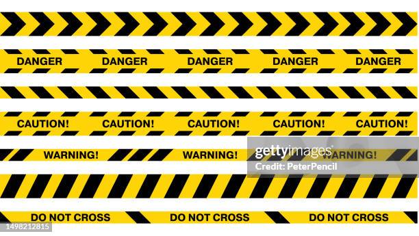 ilustraciones, imágenes clip art, dibujos animados e iconos de stock de conjunto de cintas de precaución de seguridad. cintas amarillas de advertencia. rayas abstractas para policía, accidente, en construcción. cinta de peligro. colección de vectores sin fisuras - señal-de-advertencia