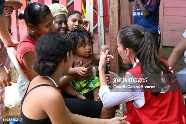 Queen Letizia of Spain visits the Villahermosa neighborhood during the first day of her trip to Colombia on June 13, 2023 in Cartagena, Colombia....