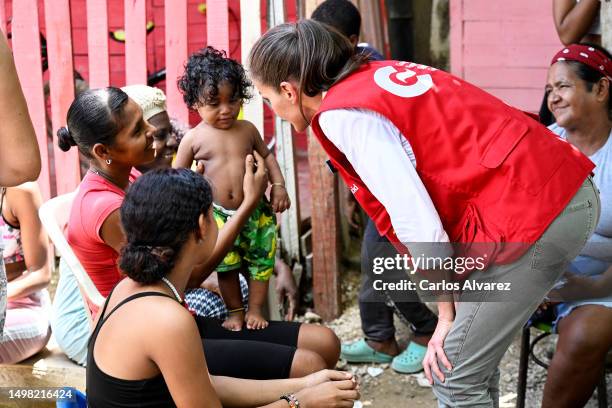 Queen Letizia of Spain visits the Villahermosa neighborhood during the first day of her trip to Colombia on June 13, 2023 in Cartagena, Colombia....