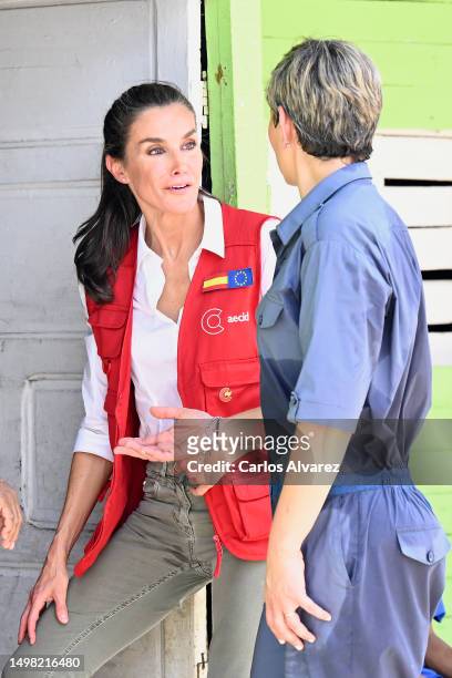 Queen Letizia of Spain accompanied by the First Lady of the Republic of Colombia, Veronica Alcocer, visit the Villahermosa neighborhood during the...