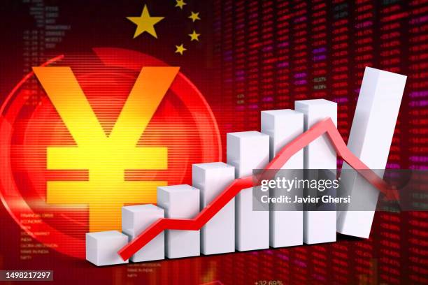 economy graph: down arrow and yuan symbol - christogram stock-fotos und bilder