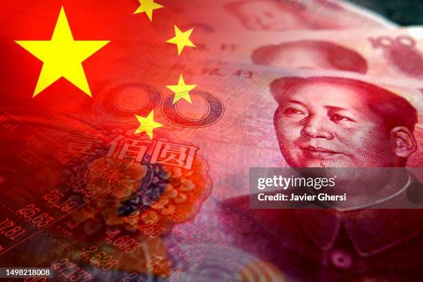 china flag and cash yuan banknotes - yuan stock pictures, royalty-free photos & images