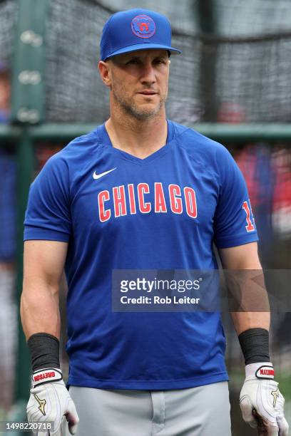 Yan Gomes of the Chicago Cubs looks on before the game against the Los Angeles Angels at Angel Stadium of Anaheim on June 6, 2023 in Anaheim,...