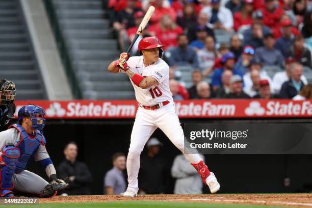 Gio Urshela of the Los Angeles Angels bats during the game against the Chicago Cubs at Angel Stadium of Anaheim on June 6, 2023 in Anaheim,...