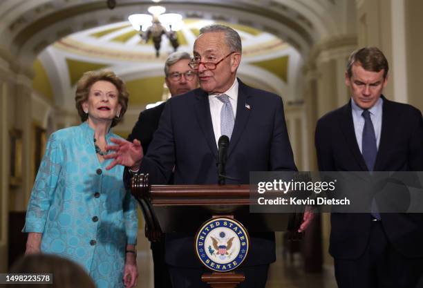 Senate Majority Leader Charles Schumer speaks to reporters following the weekly Senate policy luncheons at the U.S. Capitol on June 13, 2023 in...