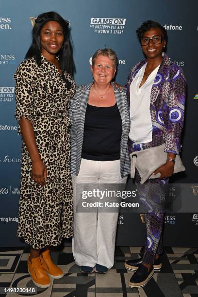 Ama Agbeze, Lisa Wainwright MBE and Donna Fraser OBE attend the London premiere of "Game On: The Unstoppable Rise of Women's Sport" at Everyman...