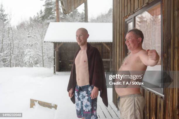 men cooling down after sauna,risti,estonia - barefoot snow stock pictures, royalty-free photos & images