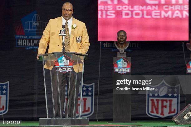 Former defensive end Chris Doleman during the Class of 2012 Pro Football Hall of Fame Enshrinement Ceremony at Fawcett Stadium on August 4, 2012 in...