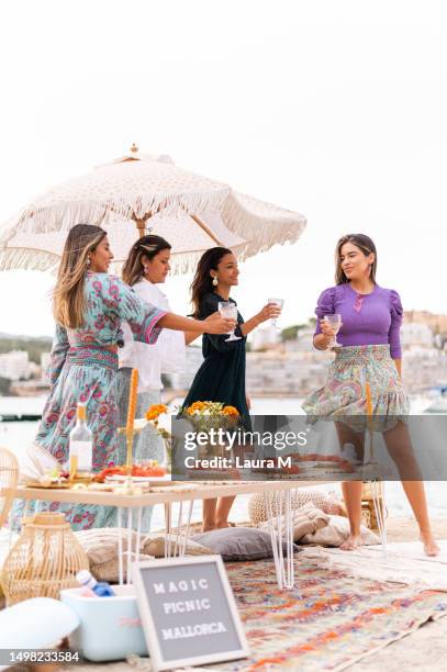 friends having fun during a picnic next to the sea - woman long dress beach stock pictures, royalty-free photos & images