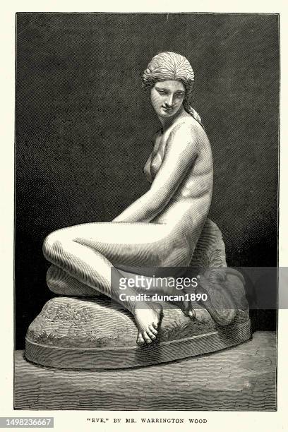 eve and the serpent, fine art biblical statue by john warrington wood, 1870s, victorian sculpture - fine art statue stock illustrations