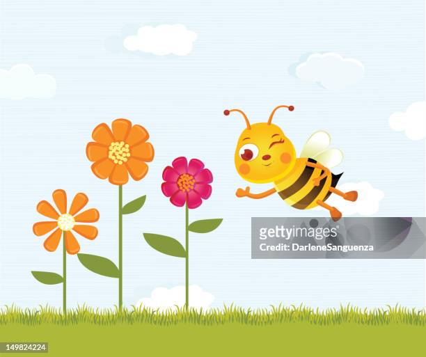 glücklich biene und blumen - bee stock-grafiken, -clipart, -cartoons und -symbole