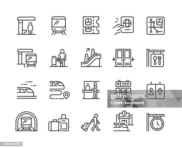 train station line icons. pixel perfect. editable stroke. - steam train platform stock illustrations