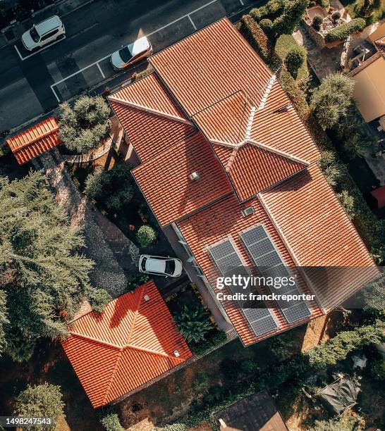 aerial view of an house with solar panel - howse peak stock pictures, royalty-free photos & images