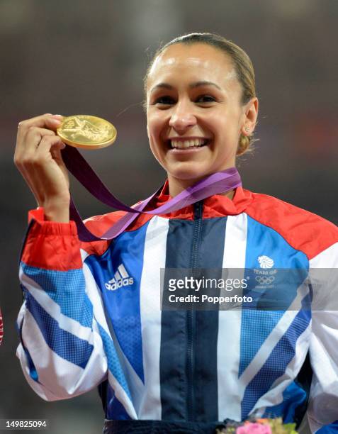 Gold medalist Jessica Ennis of Great Britain during the medal ceremony for Women's Heptathlon on Day 8 of the London 2012 Olympic Games at Olympic...