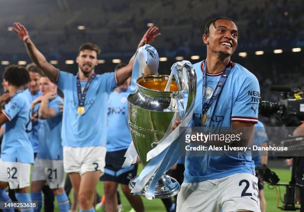 Manuel Akanji of Manchester City celebrates with the UEFA Champions League trophy after the UEFA Champions League 2022/23 final match between FC...