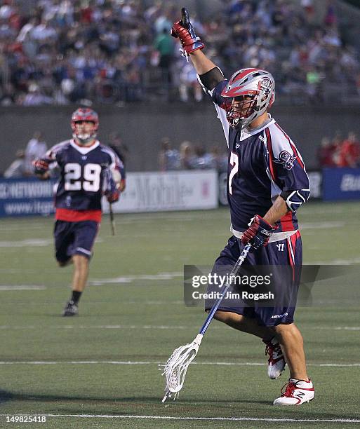 Matt Poskay of the Boston Cannons reacts after he scored on Brian Phipps of the Ohio Machine in the second half at Harvard Stadium August 4, 2012 in...