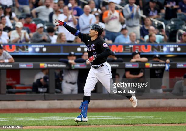 Brandon Nimmo of the New York Mets celebrates his solo home run in the first inning against the New York Yankees at Citi Field on June 13, 2023 in...