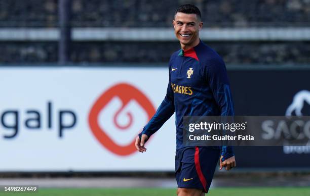 Cristiano Ronaldo of Portugal in action during the Portugal Training Session at Cidade do Futebol FPF on June 13, 2023 in Oeiras, Portugal.