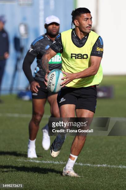 Rieko Ioane passes the ball during the Blues Super Rugby Pacific training session at Blues HQ on June 14, 2023 in Auckland, New Zealand.