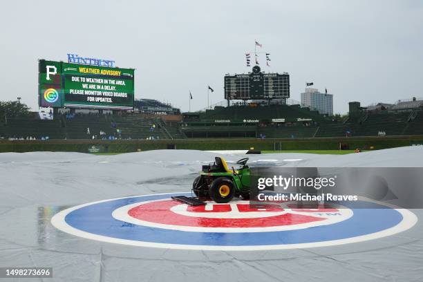General view during a rain delay prior to the game between the Chicago Cubs and the Pittsburgh Pirates at Wrigley Field on June 13, 2023 in Chicago,...