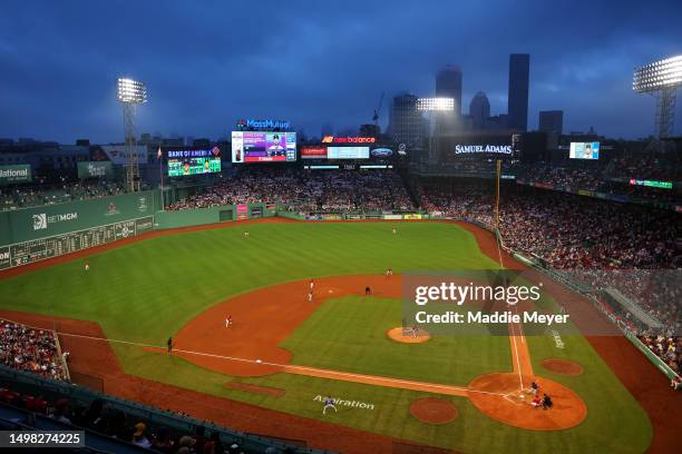 Starting pitcher Kutter Crawford of the Boston Red Sox throws against the Colorado Rockies in a general view of Fenway Park on June 13, 2023 in...