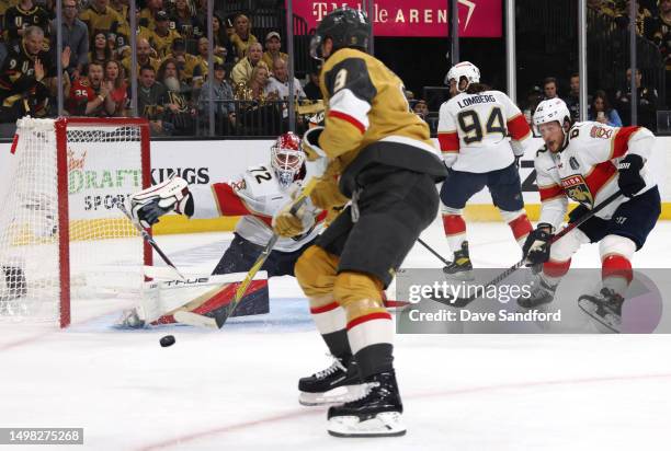 Jack Eichel of the Vegas Golden Knights backhands the puck on net during the first period of Game Five of the 2023 NHL Stanley Cup Final between the...