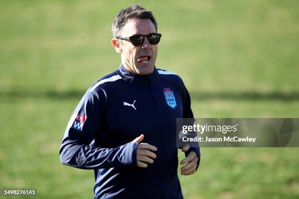 Brad Fittler head coach of the Blues looks on during a New South Wales Blues State of Origin training session at Coogee Oval on June 14, 2023 in...