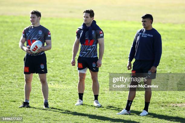 Liam Martin, Cameron Murray and Latrell Mitchell of the Blues look on during a New South Wales Blues State of Origin training session at Coogee Oval...