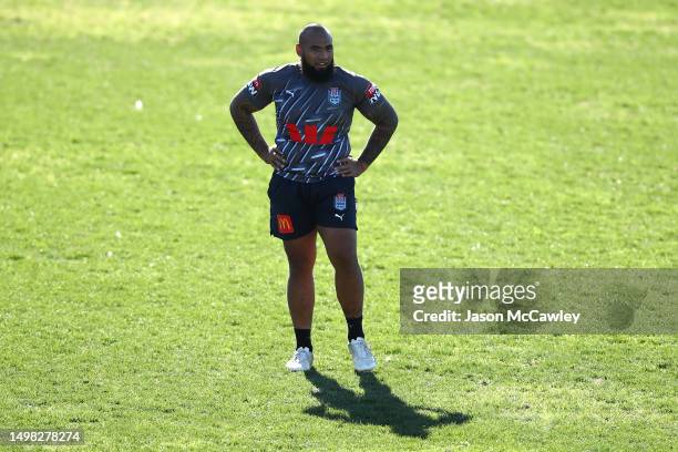 Junior Paulo of the Blues looks on during a New South Wales Blues State of Origin training session at Coogee Oval on June 14, 2023 in Sydney,...