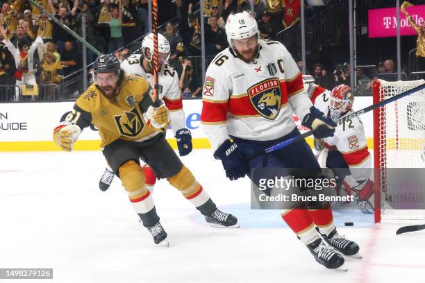 Mark Stone of the Vegas Golden Knights celebrates a goal against Sergei Bobrovsky of the Florida Panthers during the first period in Game Five of the...