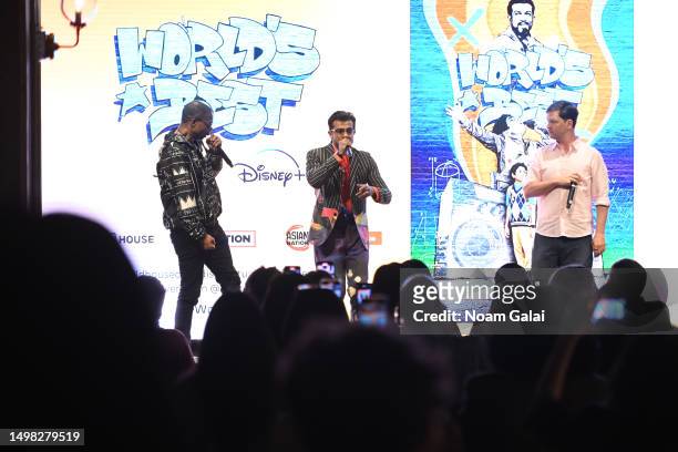 Doug E. Fresh, Utkarsh Ambudkar and Chris Sullivan perform onstage during the World's Best special screening at Live Nation on June 13, 2023 in New...
