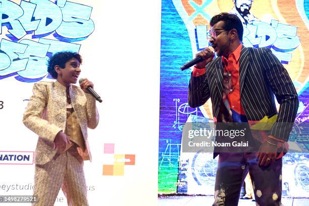 Manny Magnus and Utkarsh Ambudkar perform onstage during the World's Best special screening at Live Nation on June 13, 2023 in New York City.