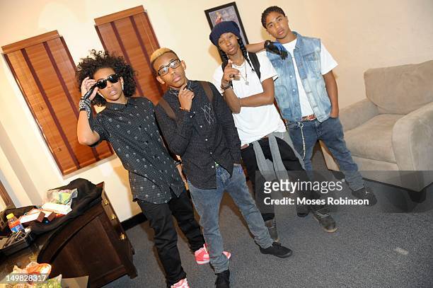 Recording artists Princeton, Prodigy, Ray Ray and Roc Royal of Mindless Behavior are seen backstage during the Girl Tour at The Fox Theatre on August...