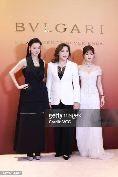 Actress Cecilia Cheung Pak-chi, a guest and actress Zhao Lusi attend Bvlgari event on June 13, 2023 in Shanghai, China.
