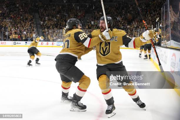 Mark Stone of the Vegas Golden Knights celebrates a goal against the Florida Panthers with Chandler Stephenson of the Vegas Golden Knights during the...