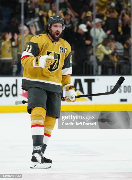 Mark Stone of the Vegas Golden Knights celebrates after scoring a goal during the second period against the Florida Panthers in Game Five of the 2023...