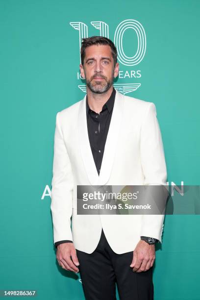 Aaron Rodgers attends the grand opening of Q New York, Aston Martin’s first ultra-luxury flagship on June 13, 2023 in New York City. The launch event...