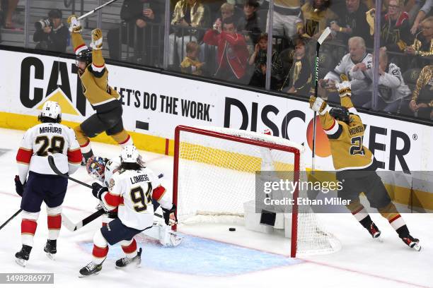 Chandler Stephenson of the Vegas Golden Knights and Brett Howden of the Vegas Golden Knights celebrate a Mark Stone of the Vegas Golden Knights goal...