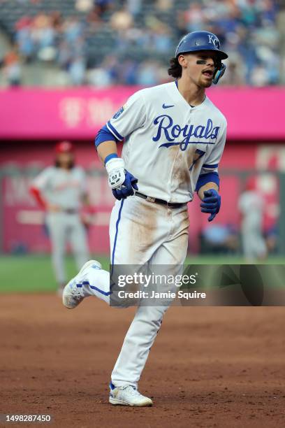 Bobby Witt Jr. #7 of the Kansas City Royals rounds the bases after hitting a home run during the 3rd inning of the game against the Cincinnati Reds...