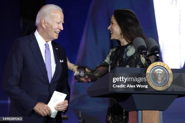 President Joe Biden and his daughter Ashley Biden share a moment during a Juneteenth concert on the South Lawn of the White House on June 13, 2023 in...